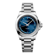 Quadrante blu a raggi di sole con 14 diamanti Top Wesselton VS-SI incastonati e lancette argentate lucide con trattamento Swiss Super-LumiNova® dell'orologio Longines Conquest donna